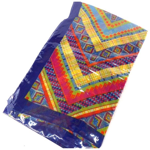 Blue Multi Geometric Color Print Silk Scarf 19X60" NEW - Picture 1 of 2